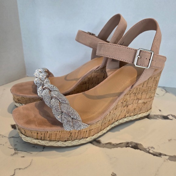 Madden NYC Wedge Sandals Rhinestone Braided Ankle‎ Strap Cork Heels - Picture 1 of 13